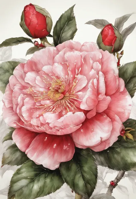 Fine depiction，planar，Chinese style，Ink painting and watercolor，（Red camellia），Elegant lines，meticuloso，Hand drawn and awesome