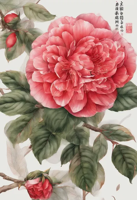 Fine depiction，planar，Chinese style，Ink painting and watercolor，（Red camellia），Elegant lines，meticuloso，Hand drawn and awesome