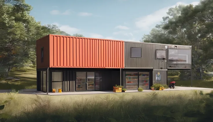 Take us to a small supermarket built in a shipping container. Use words to create an image of a pleasant place surrounded by nature .  altamente detalhado realista