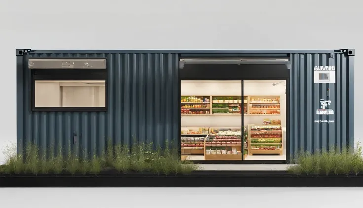 Take us to a small supermarket built in a shipping container. Use words to create an image of a pleasant place surrounded by nature .  altamente detalhado realista