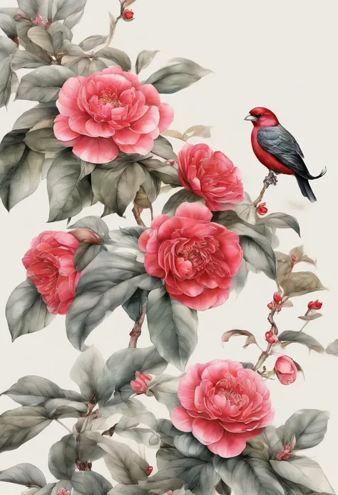 Fine depiction，planar，Chinese style，Ink painting and watercolor，（Red camellia），Elegant lines，meticuloso，Hand drawn and awesome