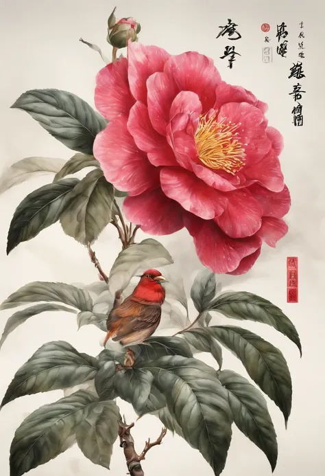 Fine depiction，planar，Chinese style，Ink painting and watercolor，（Red camellia），Elegant lines，meticuloso，Hand drawn and awesome