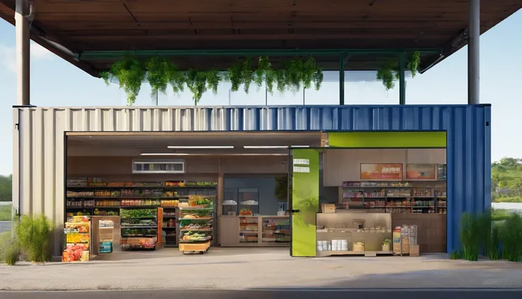 Take us to a small supermarket built in a shipping container. Use words to create an image of a pleasant place surrounded by nature .  Pessoas fazendo compras, altamente detalhado realista