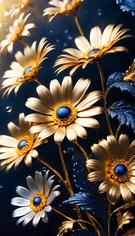 (daisy flower made of titanium）, each metallic daisy flower has cascading petals，they are dark blue，like the night sky and the d...