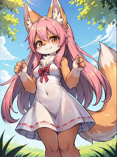 a woman with long hair stands in a wide grass field.. she is a pink furry fox. has long pink hair, the tail is fluffy and big., ...