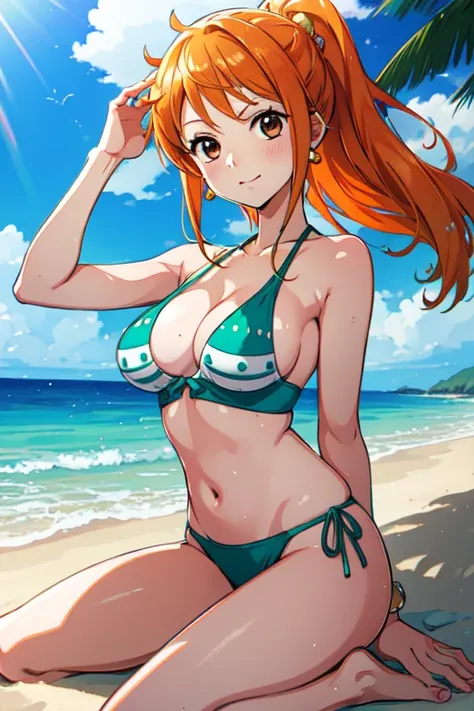 Nami of one piece, long orange ponytail hair, Beautiful brown eyes, Blushing cheeks, Wearing a bright bikini, Enjoy a sunny day at the beach. Art style is、Must resemble a captivating anime style.

About image quality, Prioritize (Best Quality, 4K, 8K, high...