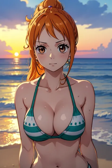 Nami of one piece, long orange ponytail hair, Beautiful brown eyes, Blushing cheeks, Wearing a bright bikini, Enjoy a sunny day at the beach. Art style is、Must resemble a captivating anime style.

About image quality, Prioritize (Best Quality, 4K, 8K, high...