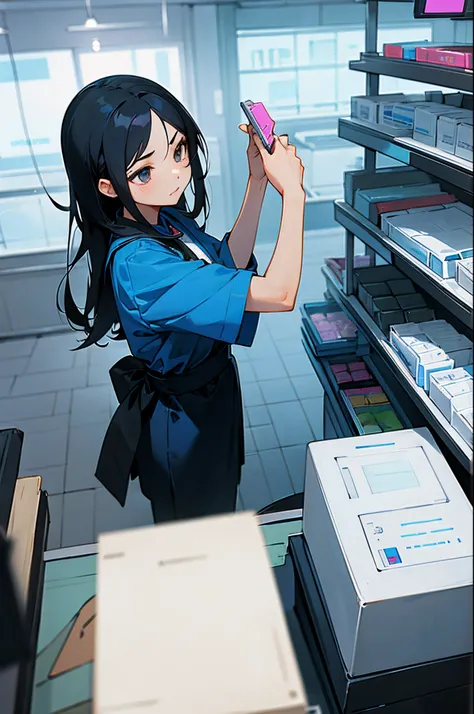 filipino girl working as a pharmacy technician, counting tablets at a pharmacy, serious expression, long black hair, wearing blue lab smock, at the cash register