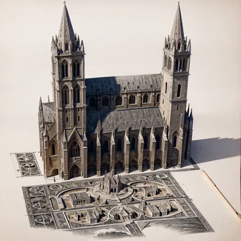 old drawing of an ancient cathedral very detailed with an ancient appearance made in pencil seen from above diagonally with small details of shadows of a cathedral on a white sheet centered without any hands