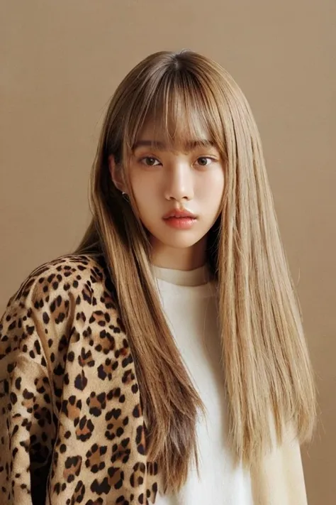 women are beige,20yr old、 beige and brown gradation color hair、straight hair、pattsun bangs、leopard print clothes、fashion editori...