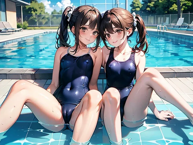 top-quality。extra detailed face。highlydetailed skin。NSFW。Three beauties touching each other。they are 16 years old.。A sly smile。(appearance々Hairstyle。Black or brown hair color)。Scrunchie。Blushing cheeks。((They are wearing dark blue school swimsuits))。Wet an...