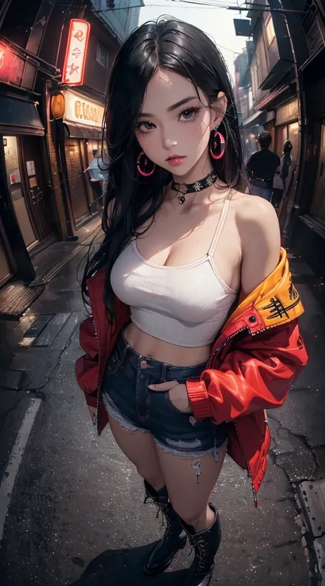 (((8k wallpaper of extremely detailed CG unit:1.2, ​masterpiece, hight resolution:1.2, top-quality:1.2, masutepiece))), ((a very beautiful woman, Wearing piercings, a choker, Hands in pockets:1.8, Street fashion:1.5, wearing a colorful jacket:1.4, Denim je...