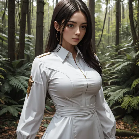 armored dress, white shirt, forest