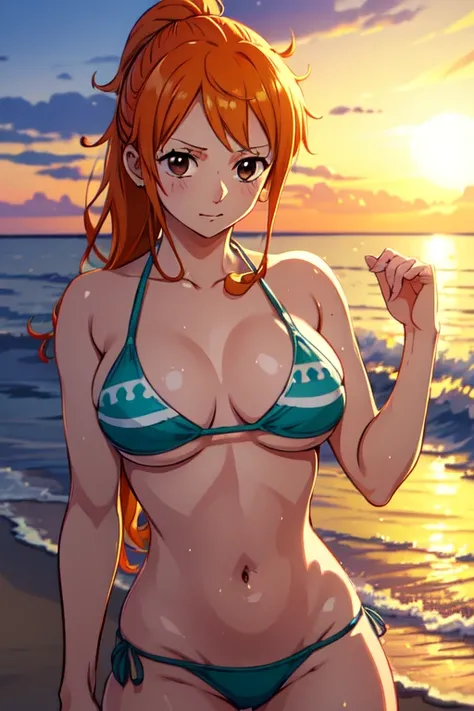 Nami of one piece, long orange ponytail hair, Beautiful brown eyes, Blushing cheeks, Naked, Enjoy a sunny day at the beach. Art style is、Must resemble a captivating anime style.

About image quality, Priority (Best Quality, 4K, 8K, hight resolution, masute...