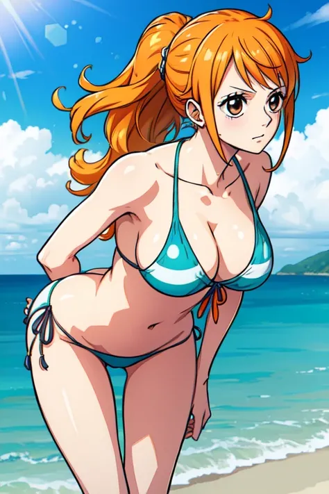 Nami of one piece, long orange ponytail hair, Beautiful brown eyes, Blushing cheeks, Naked, Enjoy a sunny day at the beach. Art style is、Must resemble a captivating anime style.

About image quality, Priority (Best Quality, 4K, 8K, hight resolution, masute...