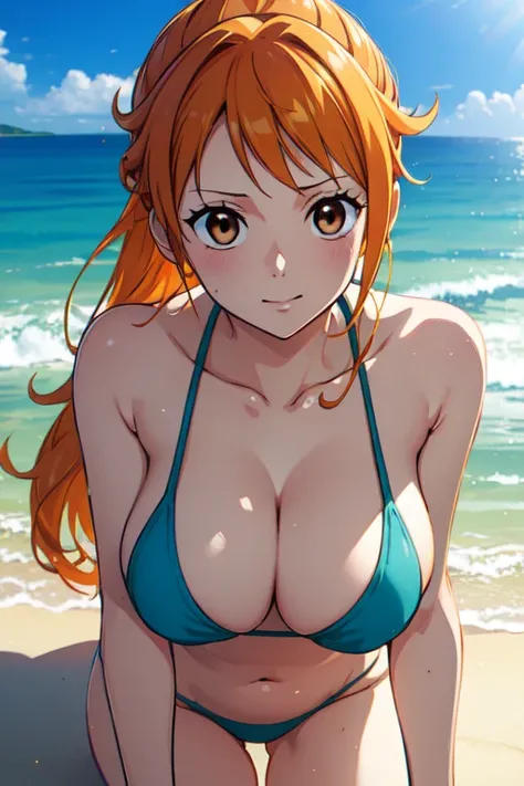 Nami of one piece, long orange ponytail hair, Beautiful brown eyes, Blushing cheeks, Naked, Enjoy a sunny day at the beach. Art style is、Must resemble a captivating anime style.

About image quality, Priority (Best Quality, 4K, 8K, hight resolution, masute...