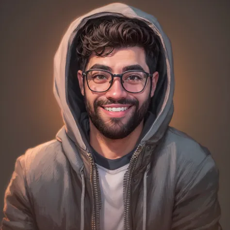 (piva) create a high-quality 2d cartoon portrait of a man wearing glasses and a hoodie, exibindo um sorriso alegre. este retrato...