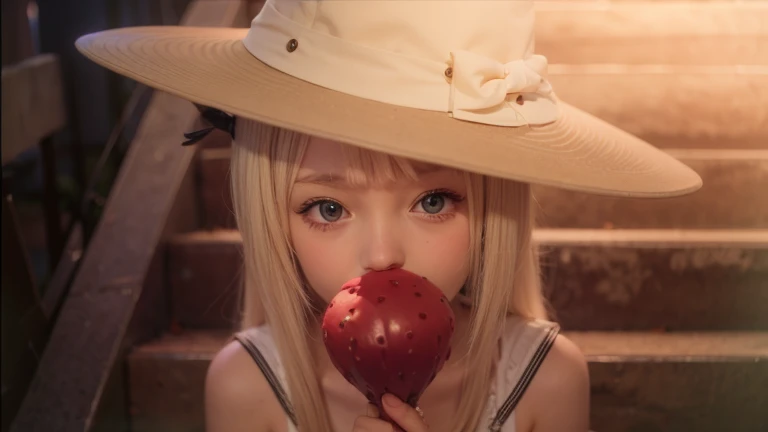 Girl, blonde long hair, cyan one-piece dress with yellow ribbon, white hat, red candy