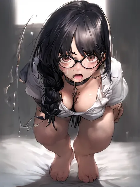 hanekawa tsubasa、eye glass、Braids、A dark-haired、large boob、fullnude、 (Black hair, Brown eyes, Round face),  With ribbon, (nose blush, Naughty, half opened eye, Drooling),On the bed in the infirmary,   [Full body shot]、Hardcore BDSM Kak Dega Again、Plenty of...