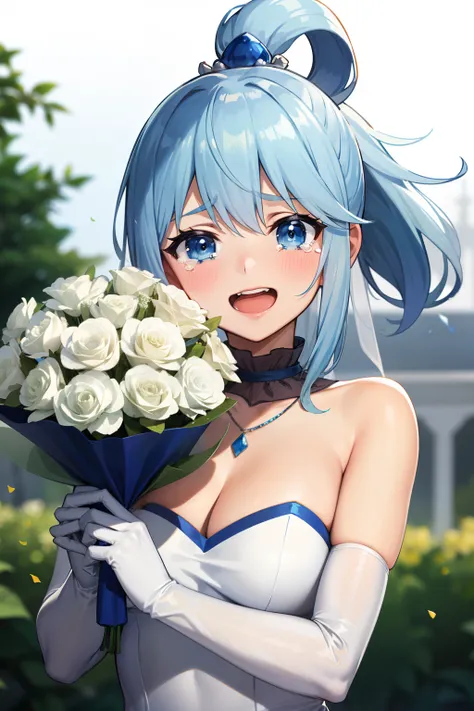 masterpiece, best quality, highres, aaichika,  tiara, bridal veil, necklace, cleavage, wedding dress, strapless dress, white dress, white gloves, elbow gloves, garden on background, smile, open mouth, tears, upper body, confetti, holding bouquet, bouquet, ...