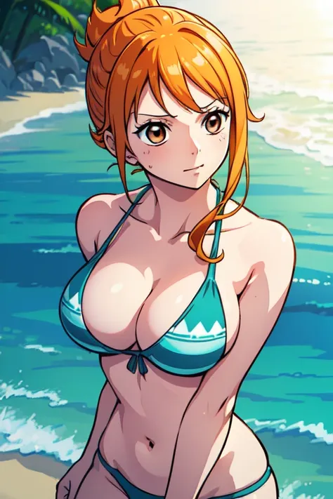 Nami of one piece, long orange ponytail hair, Beautiful brown eyes, Blushing cheeks, Naked, Enjoy a sunny day at the beach. Art style is、Must resemble a captivating anime style.

About image quality, Priority (Best Quality, 4K, 8K, hight resolution, masute...