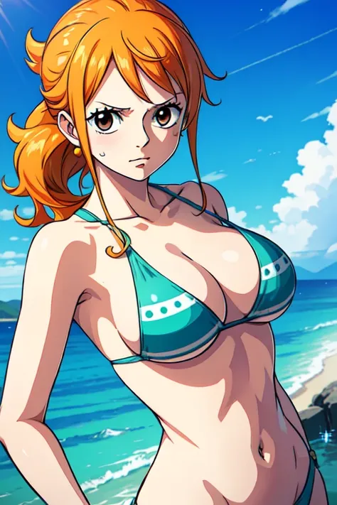 Nami of one piece, long orange ponytail hair, Beautiful brown eyes, Blushing cheeks, Naked, Enjoy a sunny day at the beach. Art style is、Must resemble a captivating anime style.

About image quality, Priority (Best Quality, 4K, 8K, hight resolution, masute...