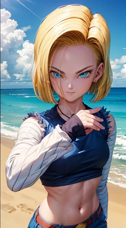 Android 18, ( foto de closeup na parte superior do corpo ), (bikini azul molhado), seios grande, muito sedutor, pose sedutora, sorridente, fofo, muito fofo, Ultra High Definition, master part, Ultra alta qualidade, detalhamento ultra, 8k,