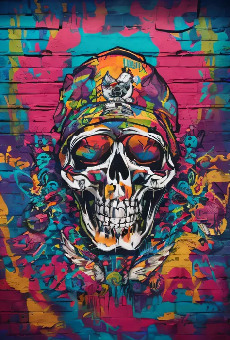 Doodle art of a skull wearing a hat and bandana, graffiti street art, skull paint, Graffiti Art Style, graffiti art, colorful graffiti, urban art style, street art 8 k, Graffitti art, graffiti painting, streetart, streetart, Urban Art, graffiti style, In g...