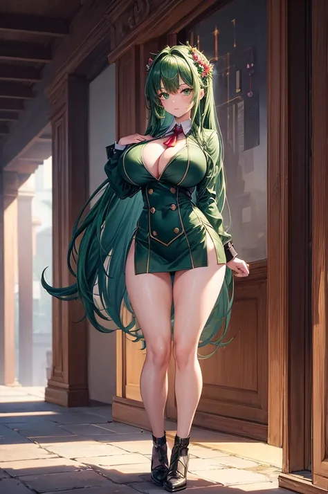 1girl, animification, dark green hair, long hair, green eyes, standing, Anime beautiful girl wearing a red school uniform, a miniskirt, Absolute Area, A slight smil, Perfect Anatomy, Perfect face:1.1), ((Huge breasts!!!!!!)),(huge-breasted!!!!), (Full body...