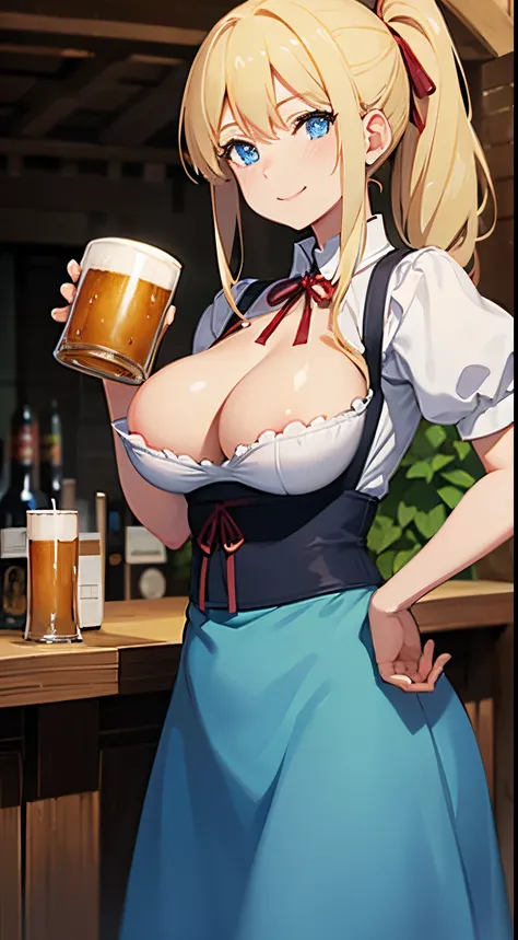 Anime, high resolution, medieval town, bar, blond, blue eyes, medium breasts, (dirndl), waitress, (big beer mug in both hands), front view, lean forward, 1 girl, smile, (best quality), super detailed, bare nipples, puffy nipples, upper body