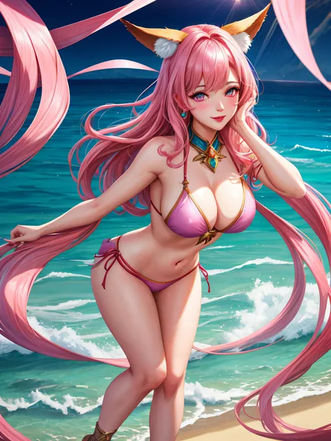 masterpiece, best quality, highres 64k, professional artwork, famous artwork, clean, cinematic lighting, beautiful eyes + detail, beautiful hair + detail, 1girl, full body, pink hair, medium hair, edium lips, red lips, pink eyes, large breasts, visible nip...