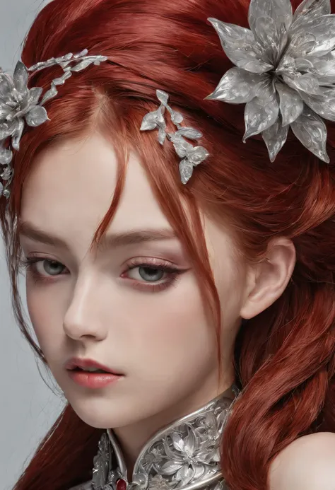 Masterpiece、best composition、Photorealsitic、A hyper-realistic、Metal Flowers、A beautiful girl with long red hair wears a ring made of beautiful shiny metal flowers on her head.、Close-up photo of hair ornaments、A large hair ornament with a silver sheen