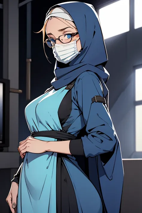 Side Portrait of a beautiful 22 years old woman with blue eyes, wearing a hijab, a long longsleeved dress and glasses, a lot of facial freckles,surgical mask.