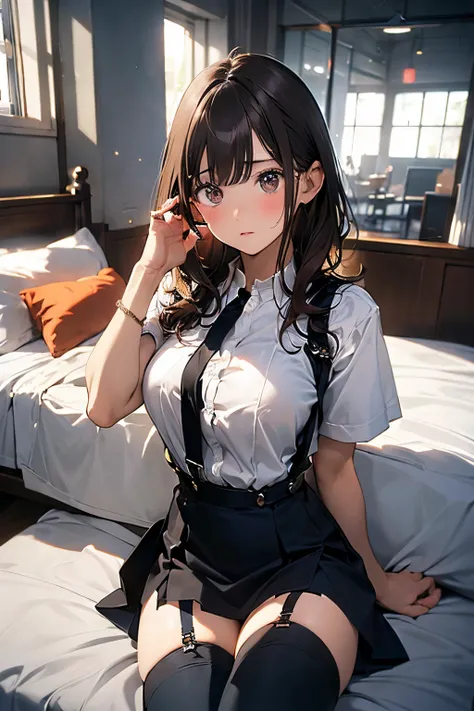 ​masterpiece、flat-colors、depth of fields、lens flare 1 girl、、Brown hair、watching at viewers　　　black suspenders　　　Bulging big breasts　　 　 　　　walls: 　Black miniskirt　garters　　　　　　Gaze　　　Small face　bangss 　　　holster　　Belt Armament　Beautuful Women　srestrained　h...