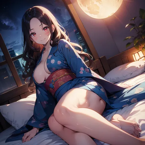 (masutepiece,Best Quality,8K),(extremely detailed CG1.1),teens girl,Smile,large boob,(From below:1.2),Intricate details , Hyper realistic, Perfect Anatomy,A dark-haired,Red Eyes,(((Forehead))),Permed hair with wavy hair,(((length hair))),Hair over one eye,...