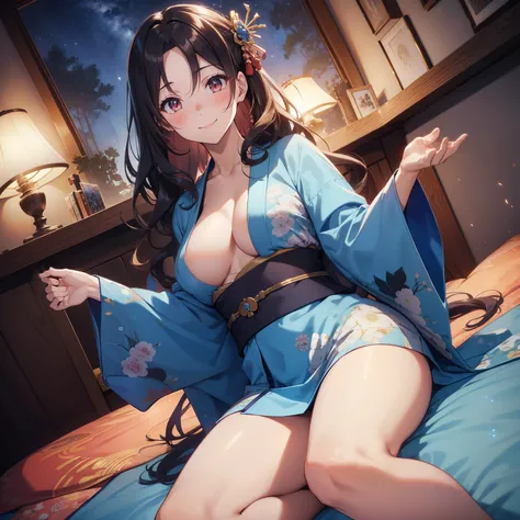 (masutepiece,Best Quality,8K),(extremely detailed CG1.1),teens girl,Smile,large boob,(From below:1.2),Intricate details , Hyper realistic, Perfect Anatomy,A dark-haired,Red Eyes,(((Forehead))),Permed hair with wavy hair,(((length hair))),Hair over one eye,...