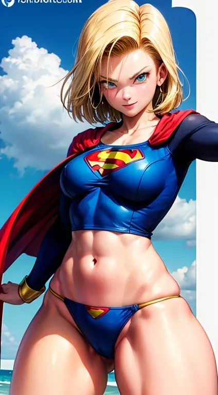 Android 18 como a supergirl( foto de corpo inteiro), ((blue swimsuit)), usando uma capa vermelha ((seios grande)), peitos grande, corpo definidos muito sedutor, pose sedutora, sorridente, fofo, muito fofo, Ultra High Definition, master part, Ultra alta qua...