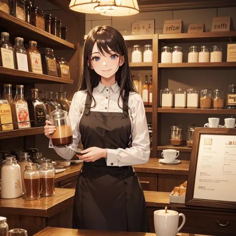 master piece,best quality,Stylish Western-style cafe,Female clerk in café,Cafe clerk uniform,detailed  clothes,carrying a coffee pot,a smile,Bright atmosphere in the store