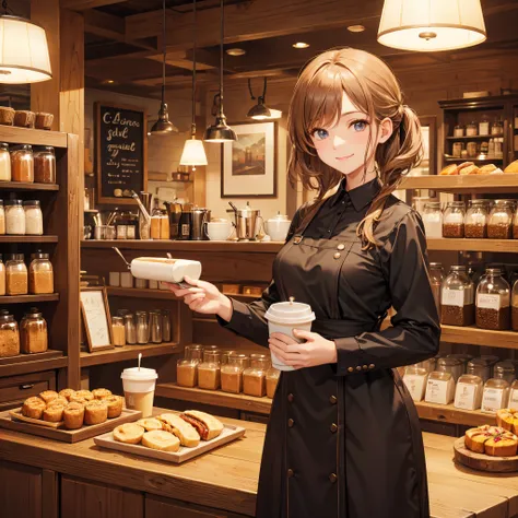 master piece,best quality,Stylish Western-style cafe,Female clerk in café,Cafe clerk uniform,detailed  clothes,carrying a coffee pot,a smile,Bright atmosphere in the store