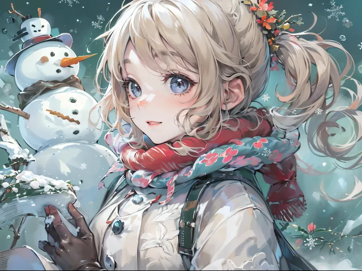 ((Finest quality)),(超A high resolution),(ultra-detailliert),(Meticulous portrayal),((Best Anime)),(Finest works of art),Ultra-Precision Art,The art of astounding depiction,Overwhelming depiction:1.5, (One girl:1.5),Gentle smile:1.3, snowscape:1.3 (snowman:...