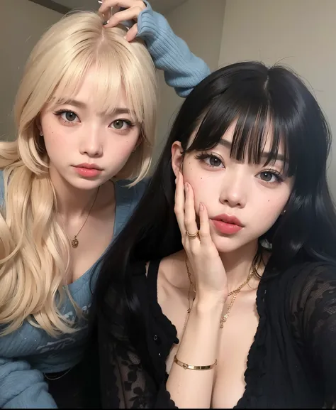 Duas mulheres com cabelos longos posando para uma foto em um quarto, Ulzzang, maquiagem sul-coreana popular, Lalisa Manobal, Nixeu e Sakimichan, com franja completa, com franja, cabelo comprido com franja completa, Ela tem cabelo preto com franja, maquiage...