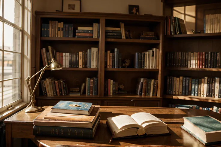 a book on the desk, illustrations, The name of the book is Focus, The place is the library, Naturallight