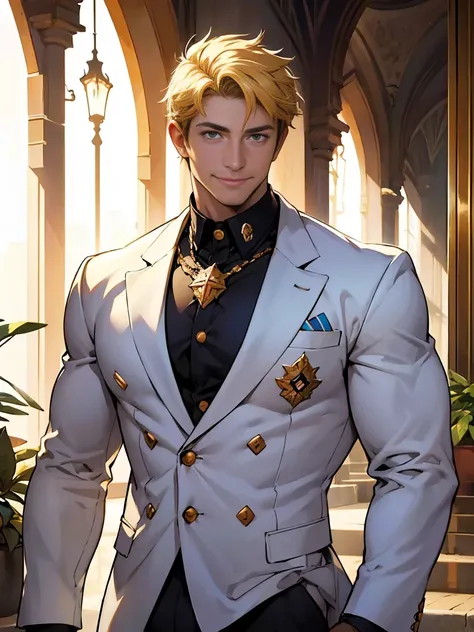 constantine the Great resurrected: young man, warm smile, bright and sharp eyes, thick neck, broad shoulders, muscular body, lifesaver, the heir of a world-famous luxury hotel group, summer resort, masterpiece, ultra-high quality, vibrant colors