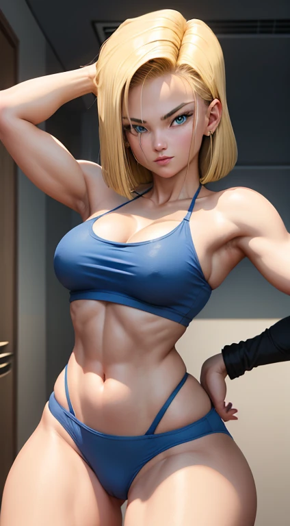 Android 18, ( foto corpo inteiro ), (bikini azul), (decote) seios enormes, Athletic body, peitos grande muito sedutor, pose sedutora, sorridente, fofo, muito fofo, Ultra High Definition, master part, Ultra alta qualidade, detalhamento ultra, 8k, pose sexy