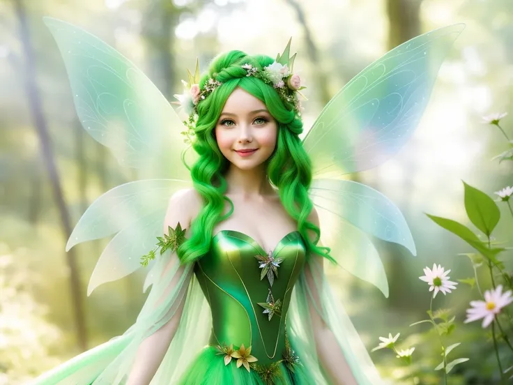 Arafe woman with green hair and fairy wings in the forest, portrait of fairy, portrait of fairy, beautiful fairies, forest fae, beautiful fantasy art, Fantasy Art Style, queen of the fairies, forest fae, Smile gently like a fairy queen, Fairy queen, Beauti...