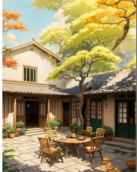 draw a courtyard with tables and chairs and a tree, chinese courtyard, the structure of the house is simple in chinese, warm lat...