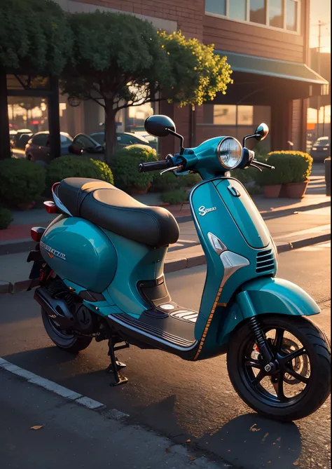 there is a blue scooter parked in a parking lot, leaked photo, front side full, custom scooter, cinematic full shot, 35840k film, morning shot, taken with sony alpha 9, right side profile, profile view, left profile, moped, side front view, leaked image, 3...