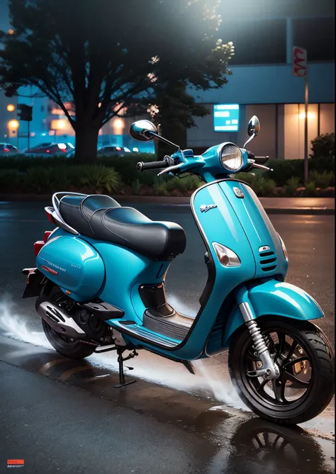 there is a blue scooter parked in a parking lot, leaked photo, front side full, custom scooter, cinematic full shot, 35840k film, morning shot, taken with sony alpha 9, right side profile, profile view, left profile, moped, side front view, leaked image, 3...