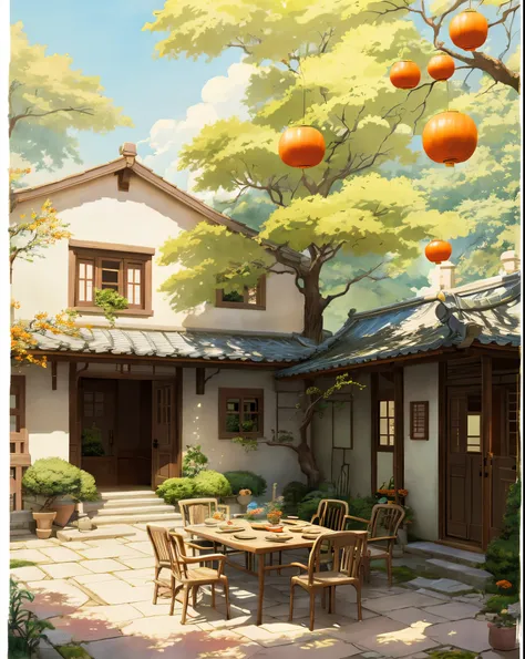 draw a courtyard with tables and chairs and a tree, chinese courtyard, the structure of the house is simple in chinese, warm lat...