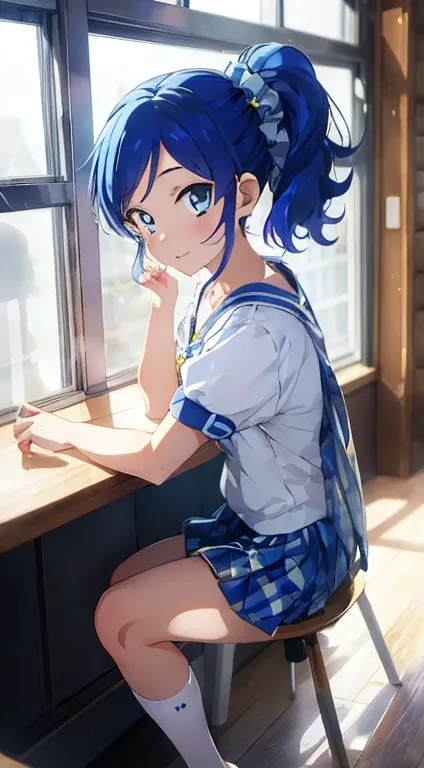 masterpiece , best quality, kiriya Aoi (Aikatsu), 1girl , white shirt:1.5 ,side ponytail ,dark blue hair ,multicolored hair, dark blue eyes,casual outfit , bedroom